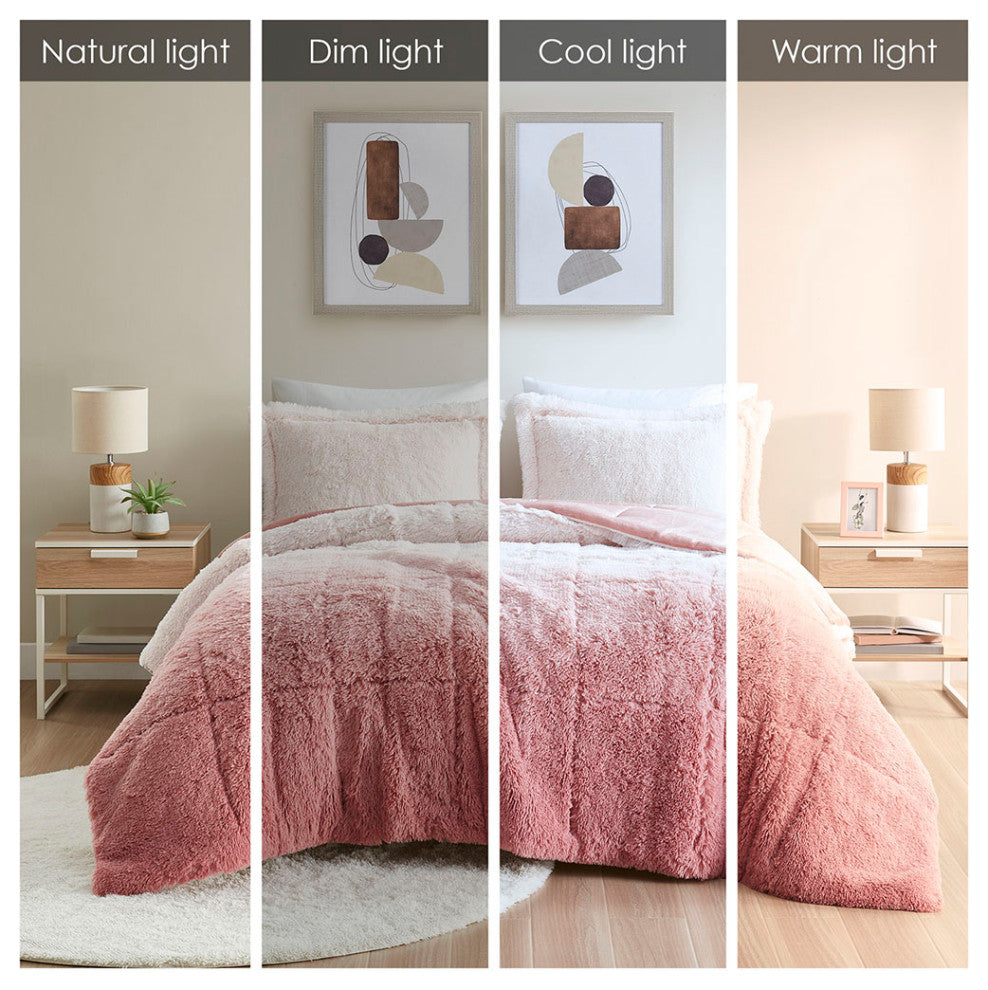 Intelligent Design Brielle Ombre Shaggy Long Fur Comforter Mini Set, Blush