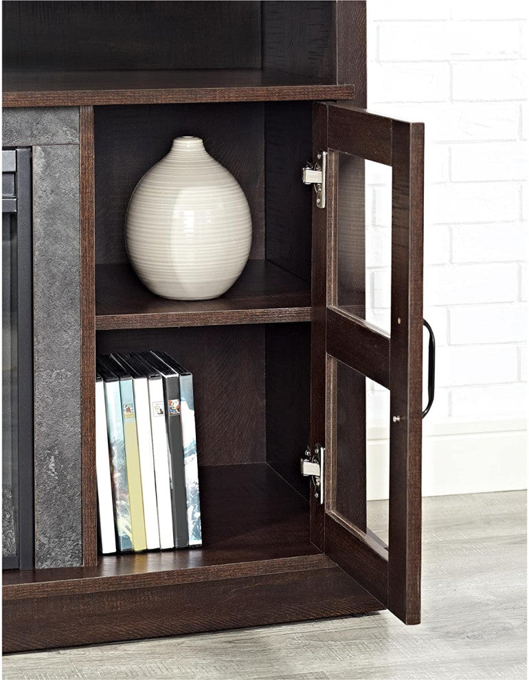 Transitional TV Stand, Fireplace With Faux Stone Surrounding Accent, Espresso