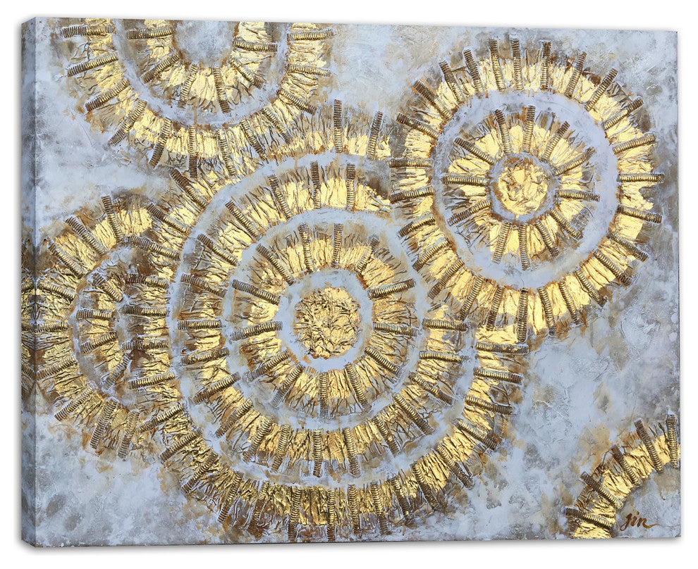 "Shiny Gold Circles" Abstract Canvas Art Hand Painted on Wrapped Canvas