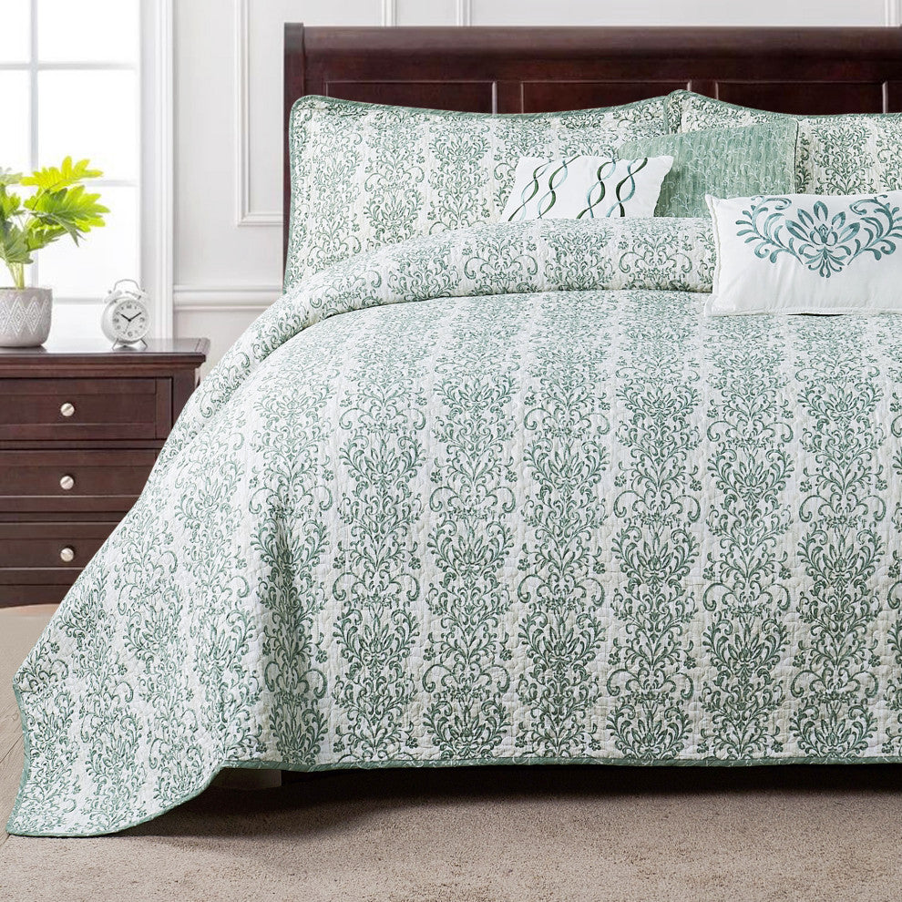 Mayfair 6 Piece Quilted Printed Bed Spread, Mint Green/Lime/Mint, Queen