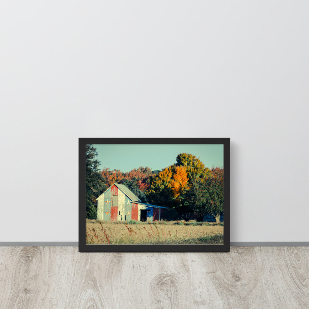 Patriotic Weathered Barn in Field Cross Processed Framed Photo Wall Art Prints, Black, 12" X 16"