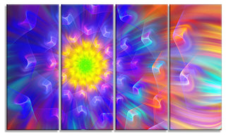 Bright Blue Fractal Petals Dandelion, Floral Canvas Art Print, 48"x28", 4 Panels