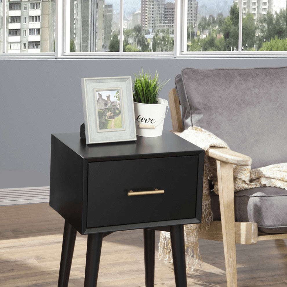 18" Black Mid Century Mod Wood End Table With Drawer