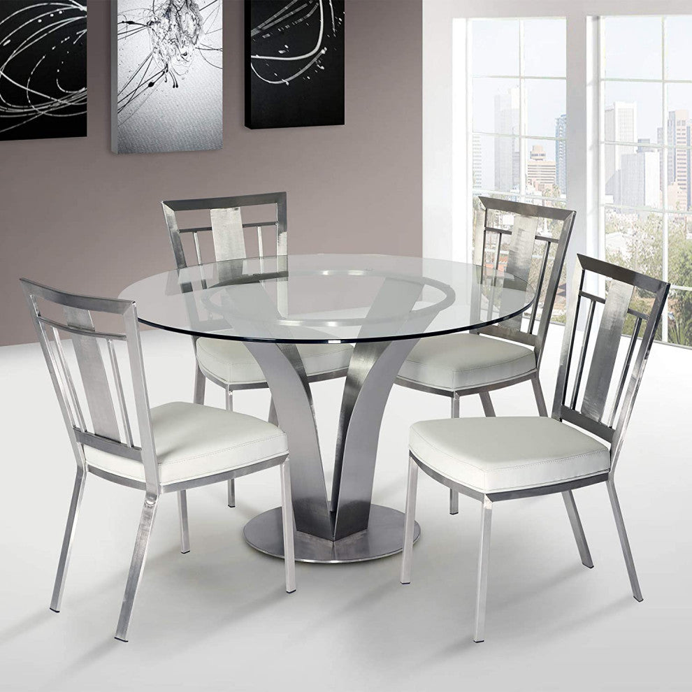 Unique Dining Table, Brushed Stainless Steel Finished Base With Round Glass Top