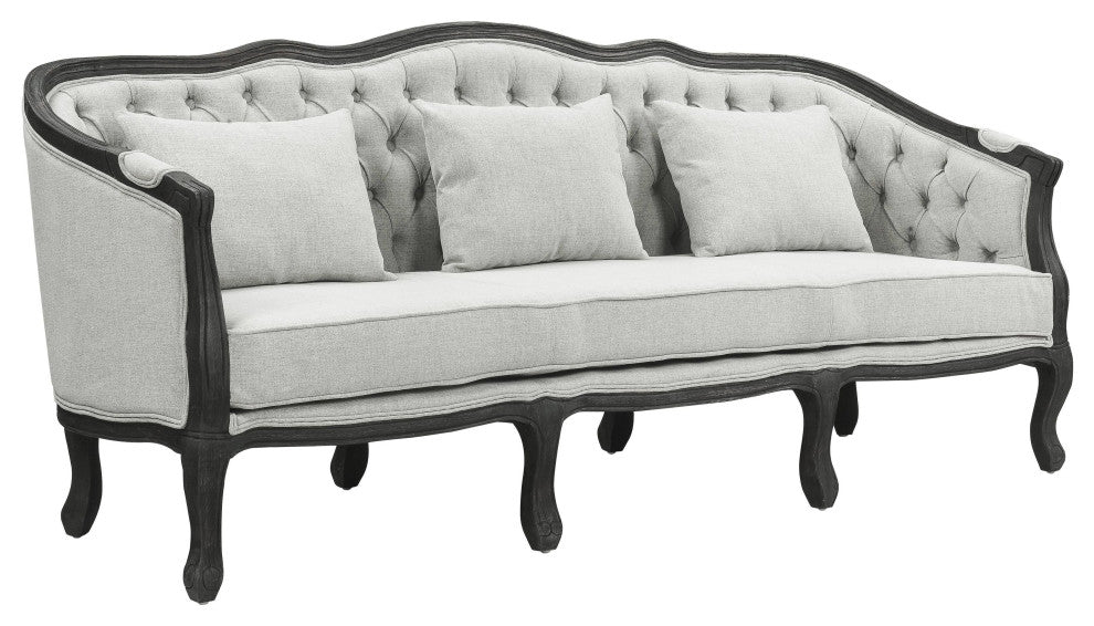 Samael Sofa With 3 Pillows, Gray Linen and Dark Brown Finish