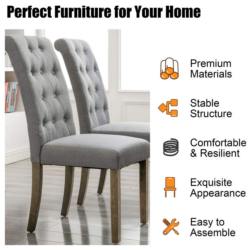 Solid Wood Dining Chair, Set of 2, Beige Tufted, Grey