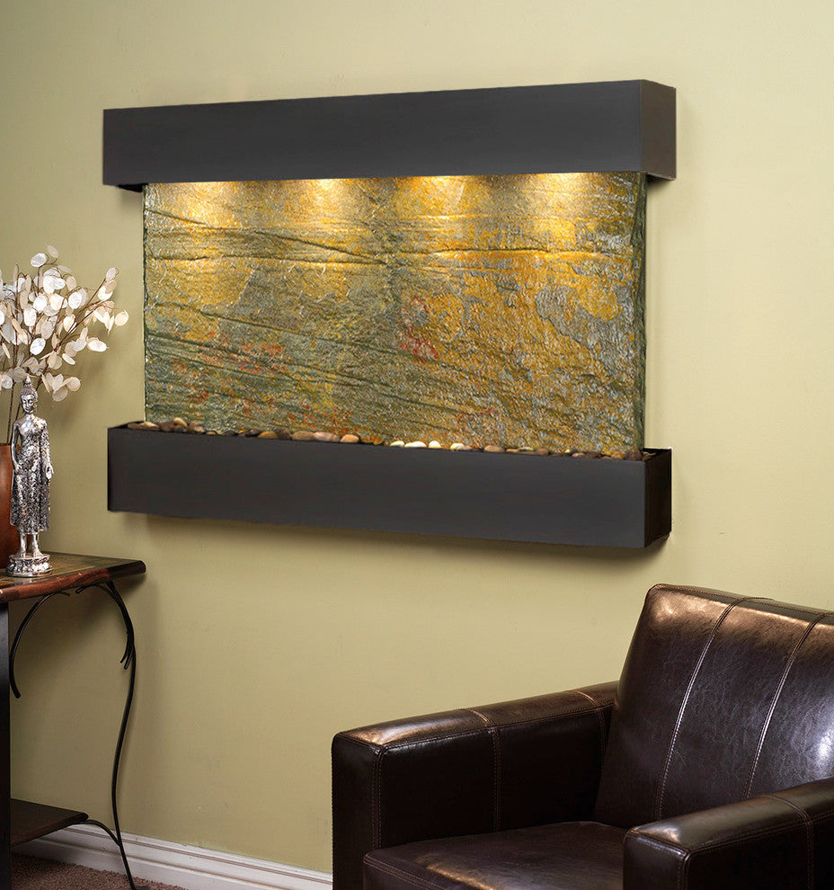 Sunrise Springs water fountain, Natural Green Slate, Blackened Copper, Square