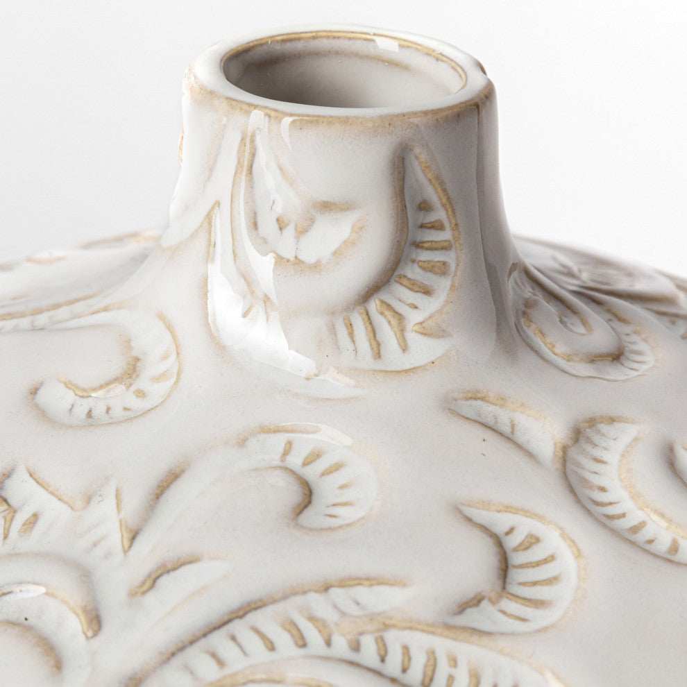 8" Carved White Ceramic Vase