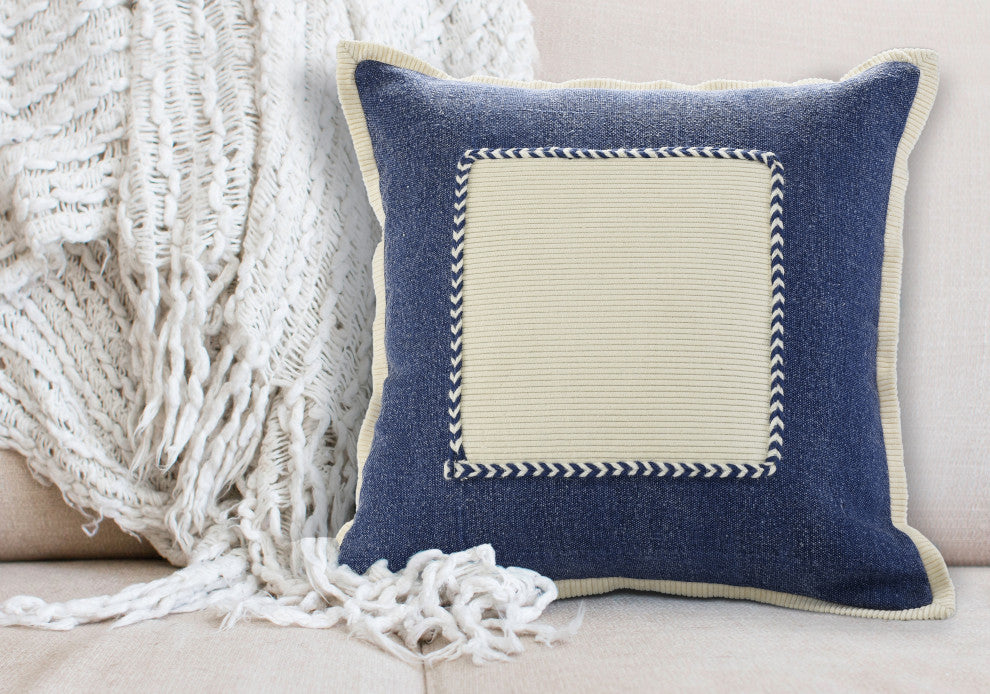 Ox Bay Hand-stitched Blue/White Bordered Organic Cotton Pillow Cover, 20"x20"