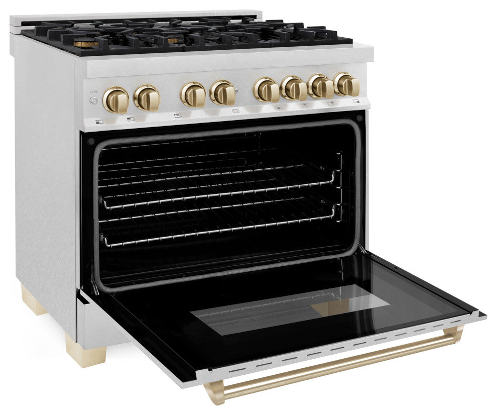 ZLINE 36" Dual Fuel Range, DuraSnow With Gold Accents RASZ-SN-36-G