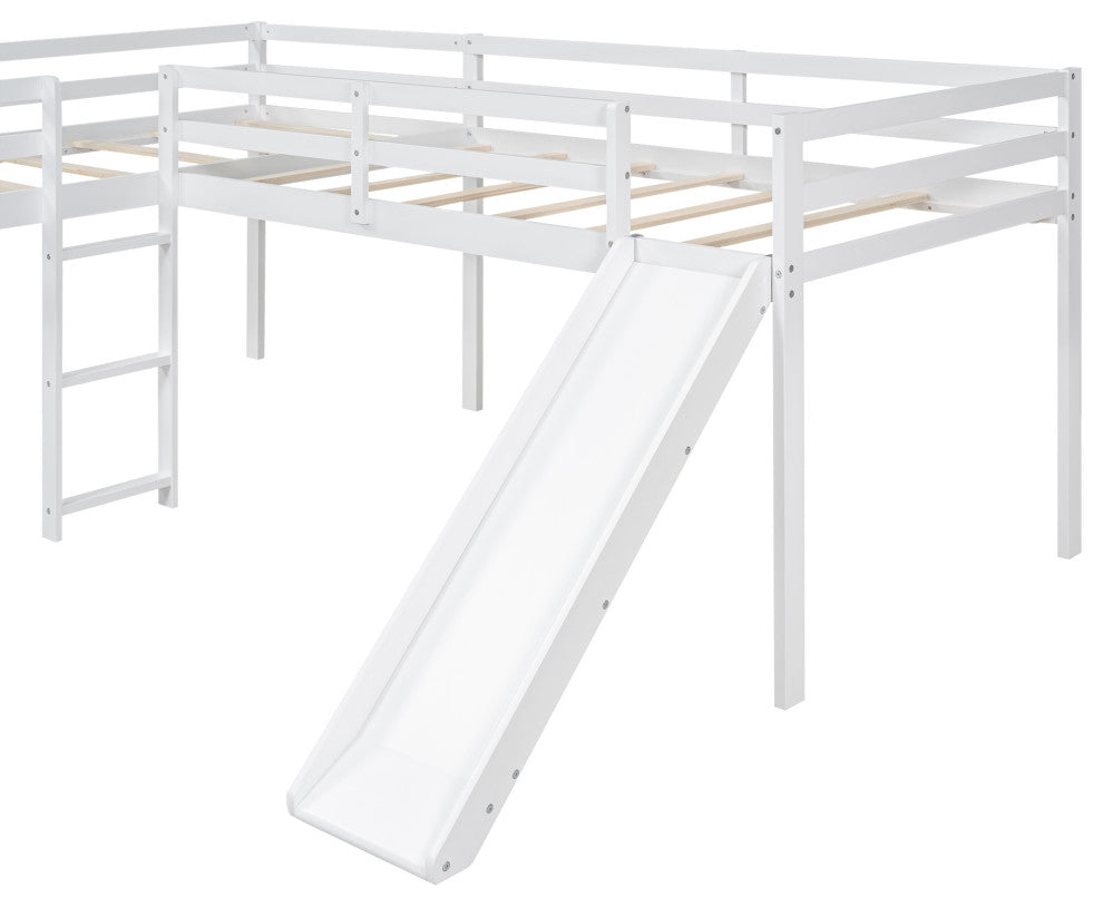 L-Shaped Twin Size Loft Bed with Ladder and Slide (No mattress), White