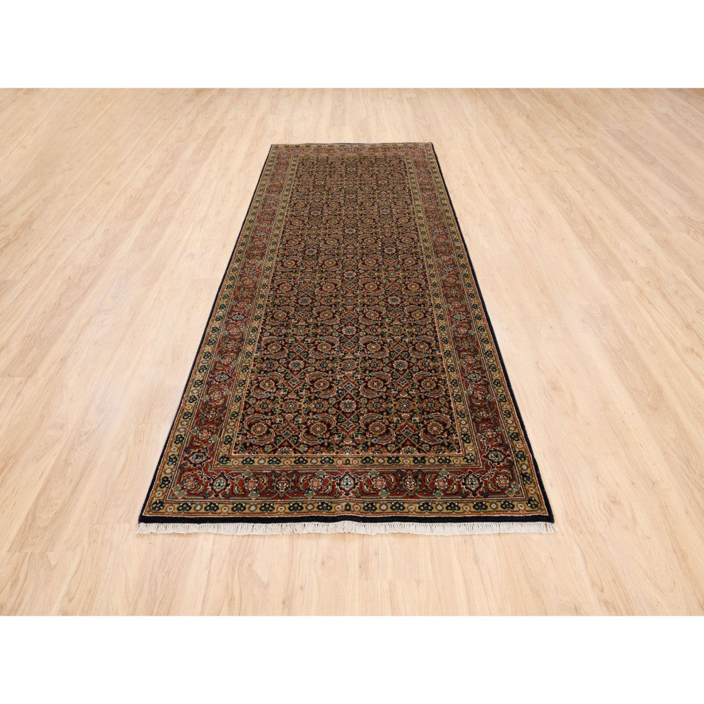 Blue Herati Wool and Silk 175 KPSI Hand Knotted Gallery Runner Rug, 4'0" x 10'1"