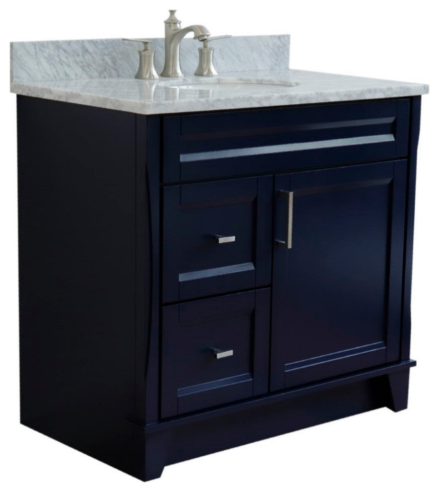 37" Single Sink Vanity, Blue Finish With White Carrara Marble