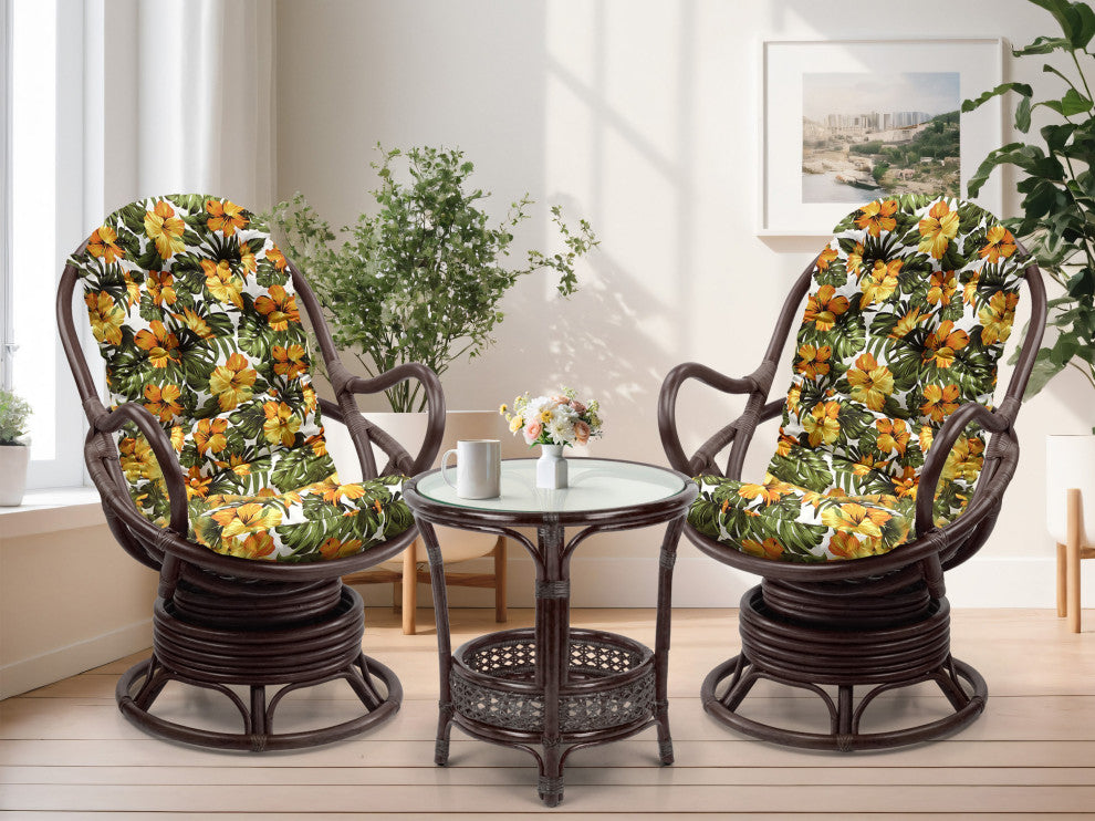 Java Lounge Swivel Rocking Chair Rattan Wicker, Dark Brown, Floral Cushion