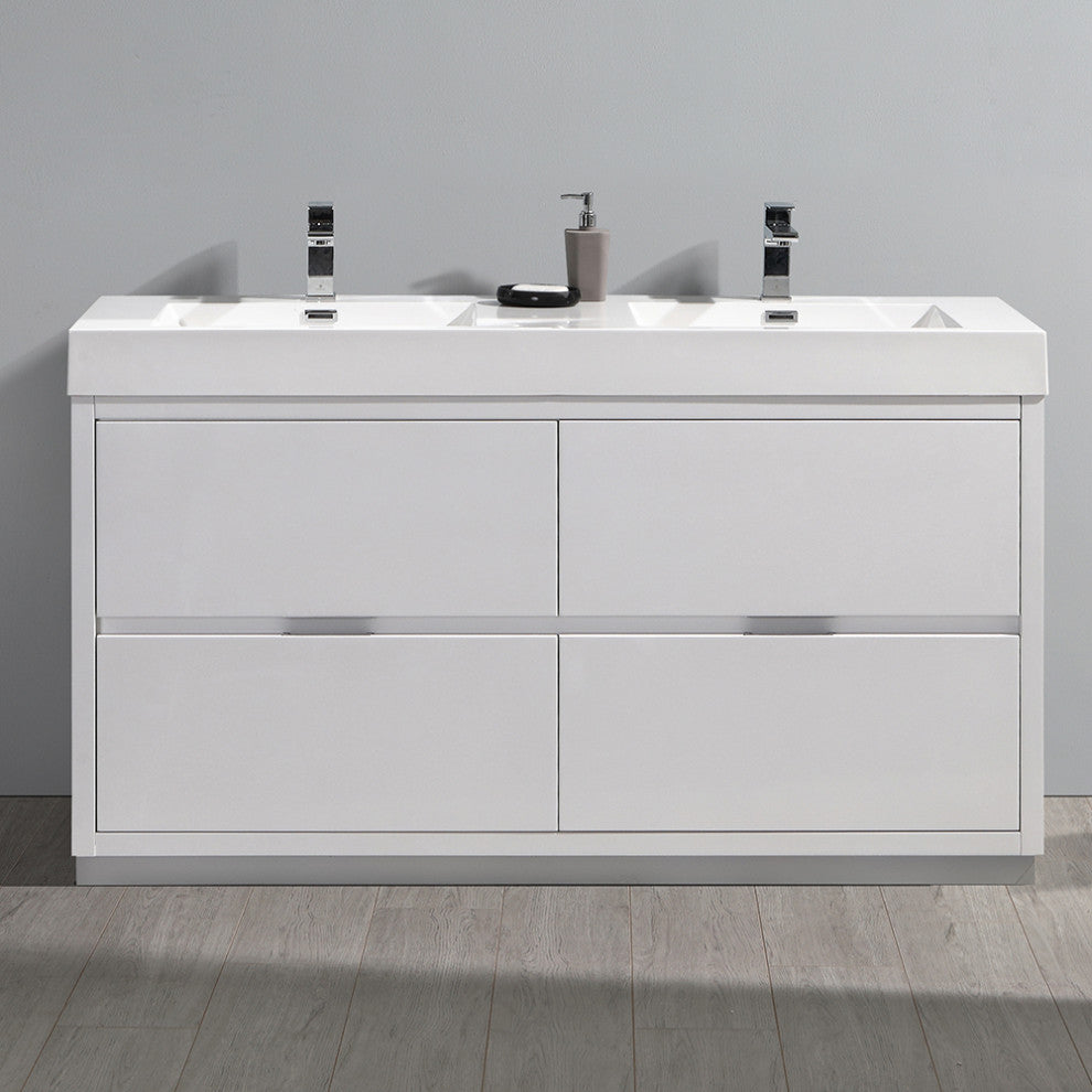 Valencia 60" Glossy White Free Standing Double Sink Bathroom Vanity