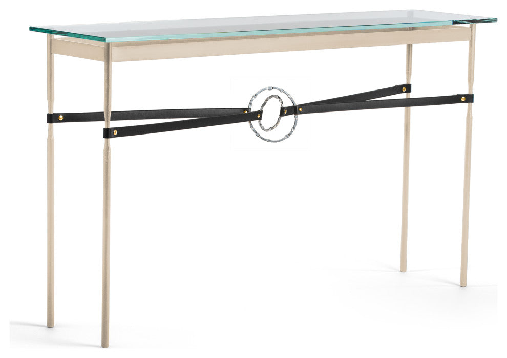 Equus Console Table, Soft Gold Finish - Sterling Accents - Black Leather Strap