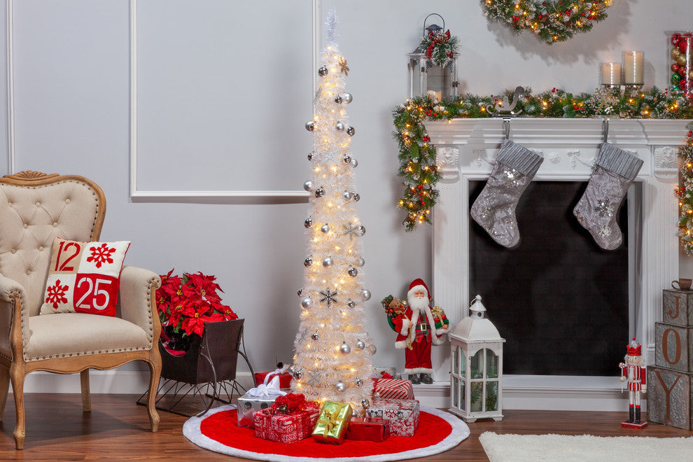6' High Pop Up Pre-Lit Decorated Narrow White Tree With Warm White Lights