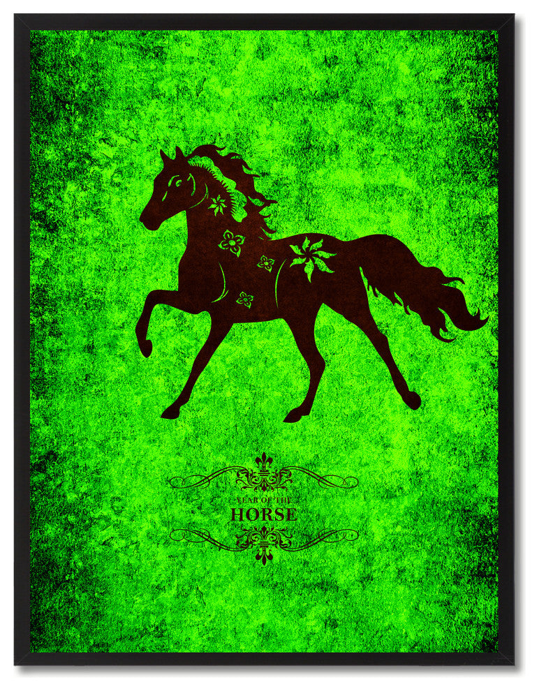 Horse Chinese Zodiac Green Print on Canvas with Picture Frame, 28"x37"