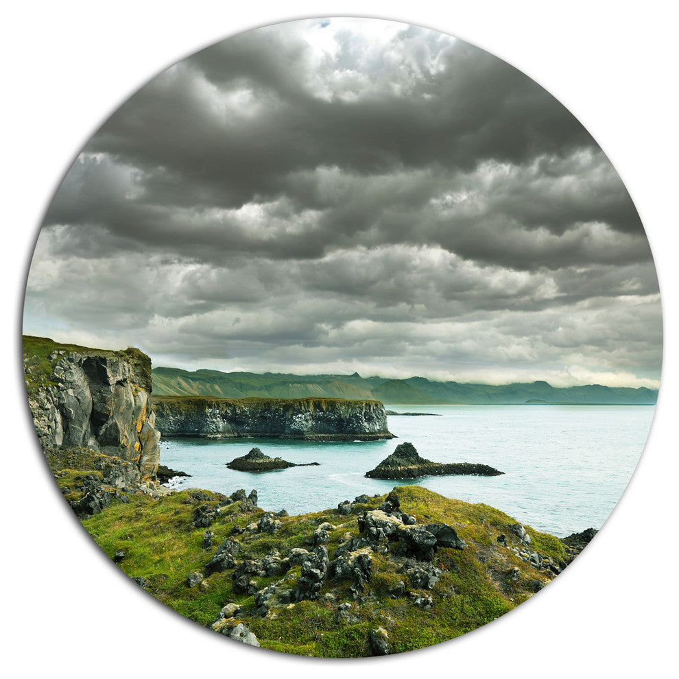 Icelandic Coast Under Dark Clouds, Seashore Disc Metal Artwork, 36"