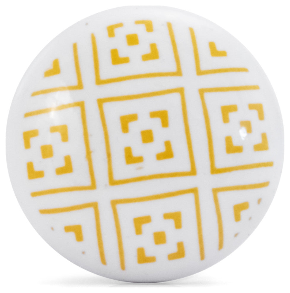 Mascot Hardware White Ceramic Knob with Yellow Geometric Pattern - Pack of 10