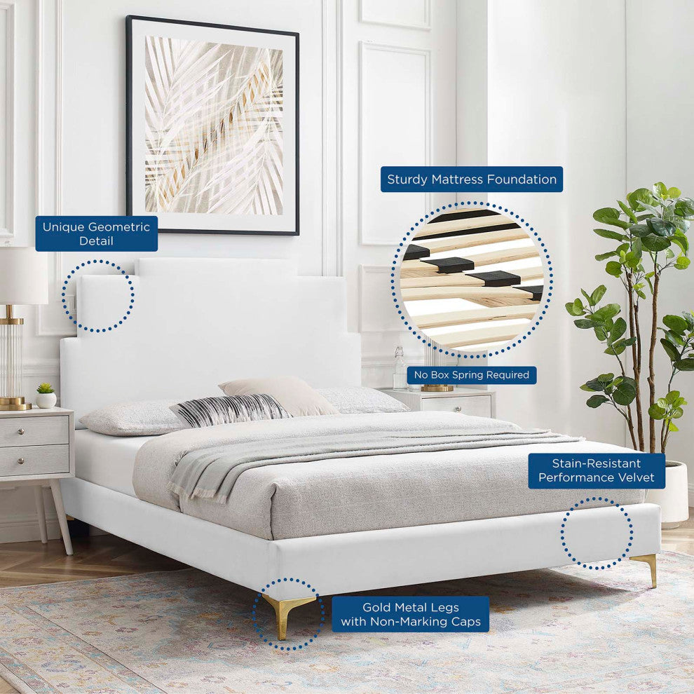 Platform Bed Frame, King Size, Velvet, White, Modern Contemporary, Bedroom