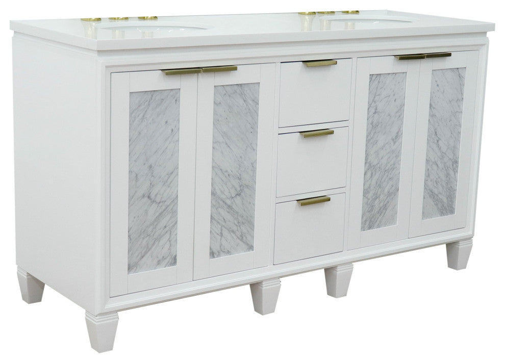 61" Double Sink Vanity, White Finish With Engineered Stone Top And Oval Sink