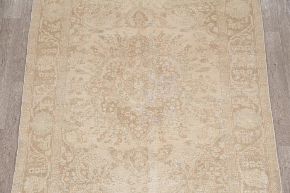 Consigned, Vintage Traditional Handmade Distressed Persian Area Rug, Beige, 6x9