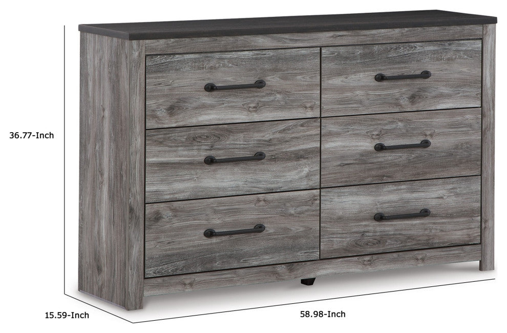 59" Wide Dresser With 6 Drawers, Metal Bar Handles, Distressed Gray