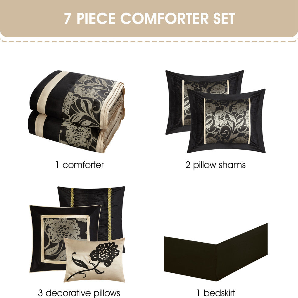 Mollybee 7-Piece Bedding Comforter Set, Black, Full
