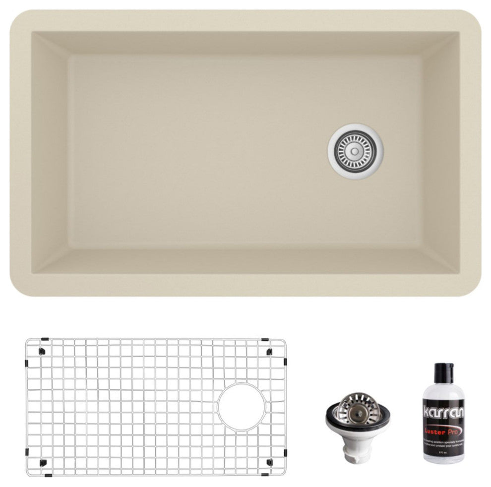 Karran Undermount Quartz 32" Single Bowl Kitchen Sink Kit, Bisque