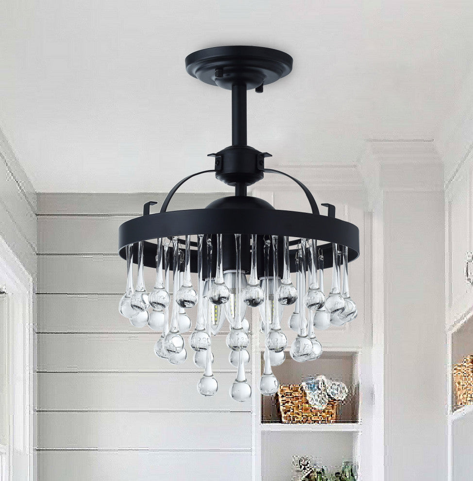 3-Lights Unique Drum Crystal Falls Semi Flush Mount Light Ceiling Light