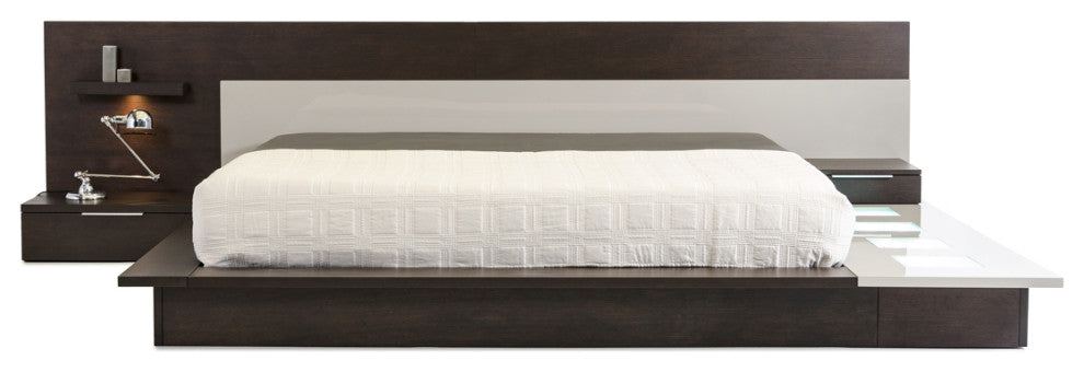 34" Brown Oak and Grey Veneer Platfrom Queen Bed With Lights