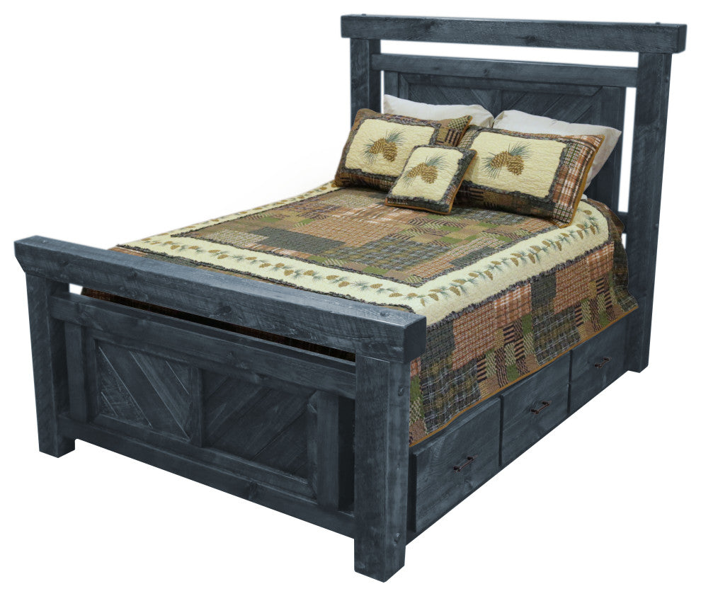 Barnwood Style Timber Peg Panel Platform Bed with Footboard, Smokey Gray, King
