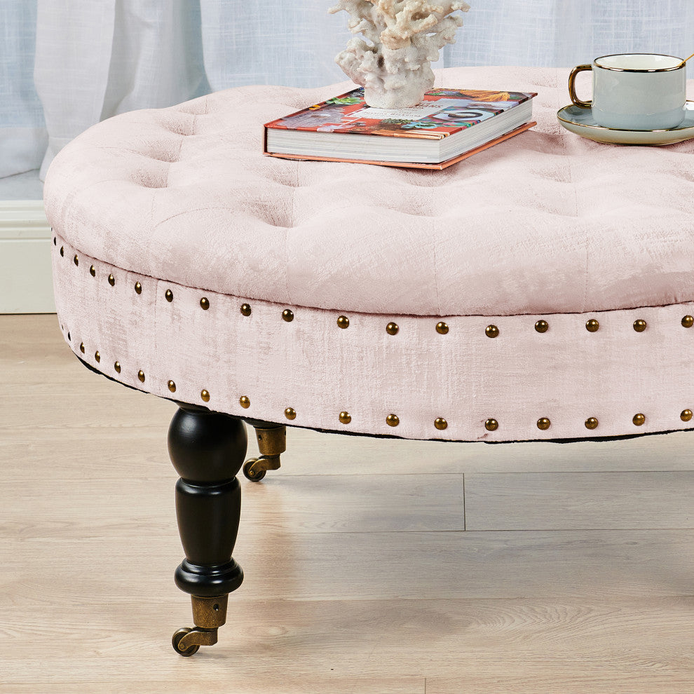 Textured Velvet Round Coffee Table, Softpink, 34''x34''x17''