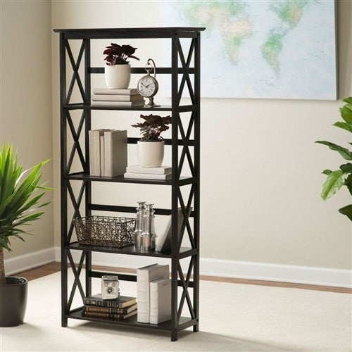 Tall 5-Tier Bookcase, Black Wood