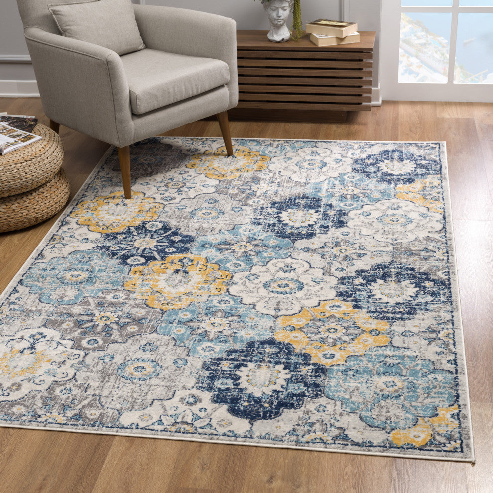 7"x10" Blue Distressed Floral Area Rug