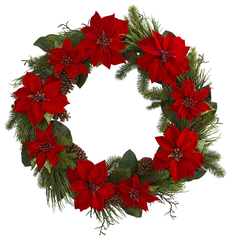 36" Poinsettia and Pine Wreath