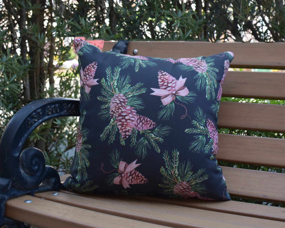 Greenery Black Holiday Print Decorative Outdoor Throw Pillow, 20"