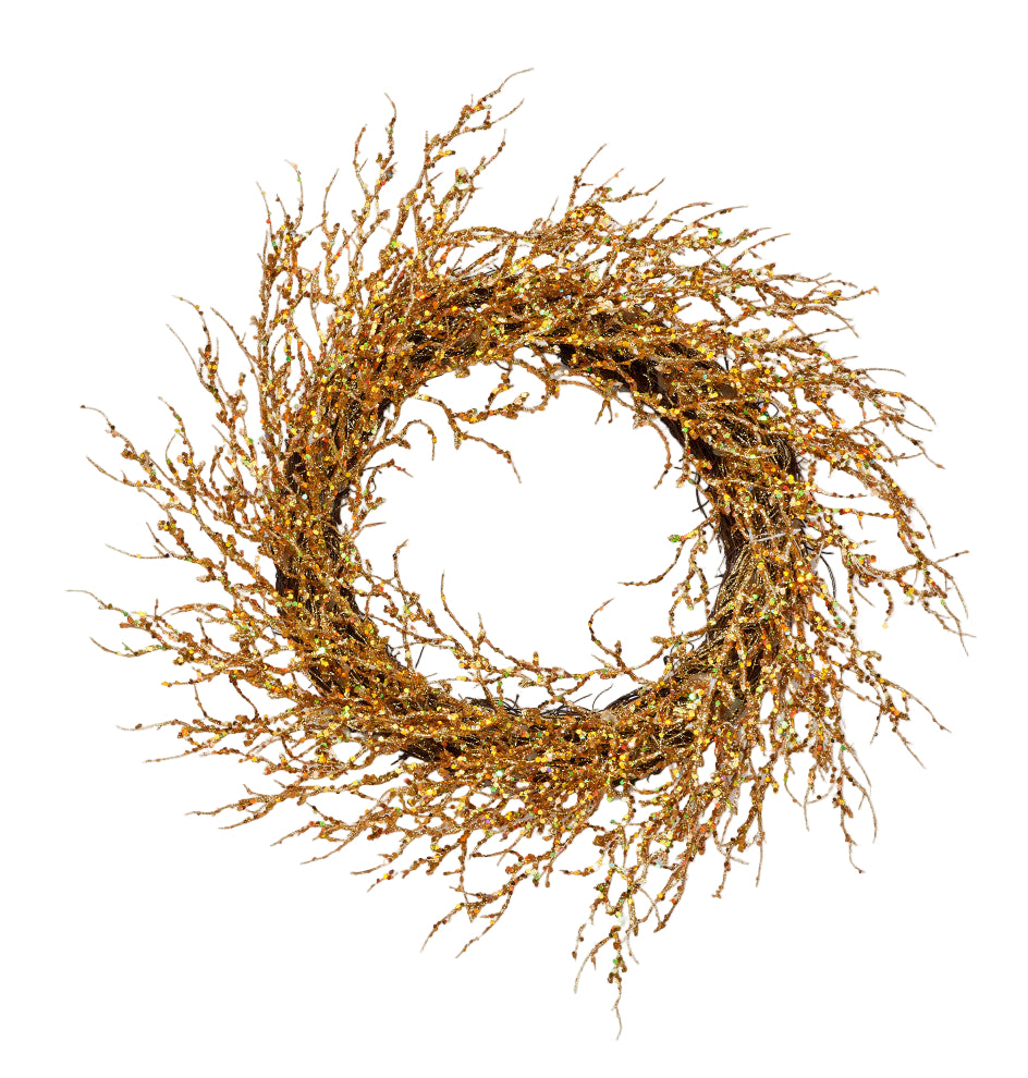 22" Glitter Coral Twig Wreath, Gold
