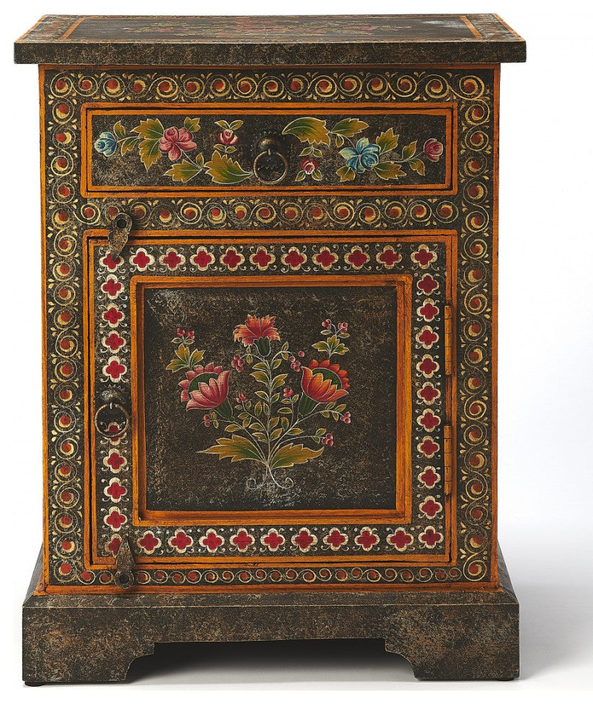 Black And Gold Vintage Hand Painted One Drawer Accent Chest