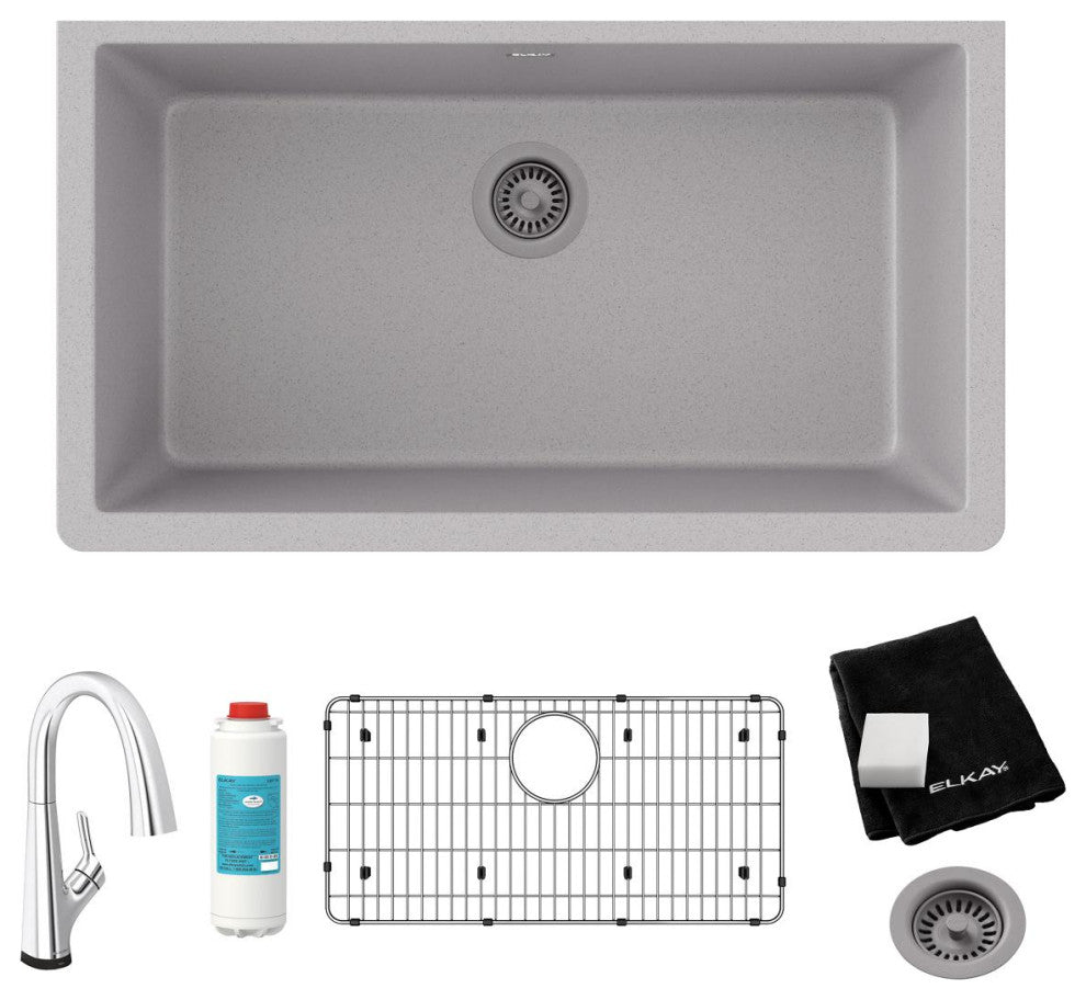 Quartz Classic 33" Single Bowl Undermount Sink Kit With Filtered Faucet, Greysto