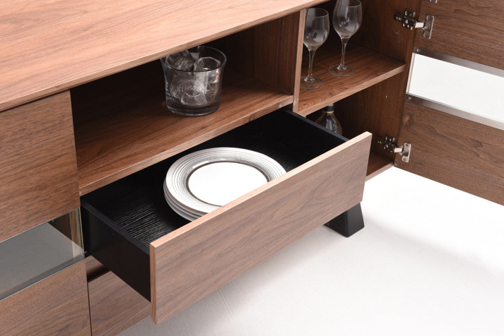 HomeRoots 32" Walnut Veneer Metal and Glass Buffet