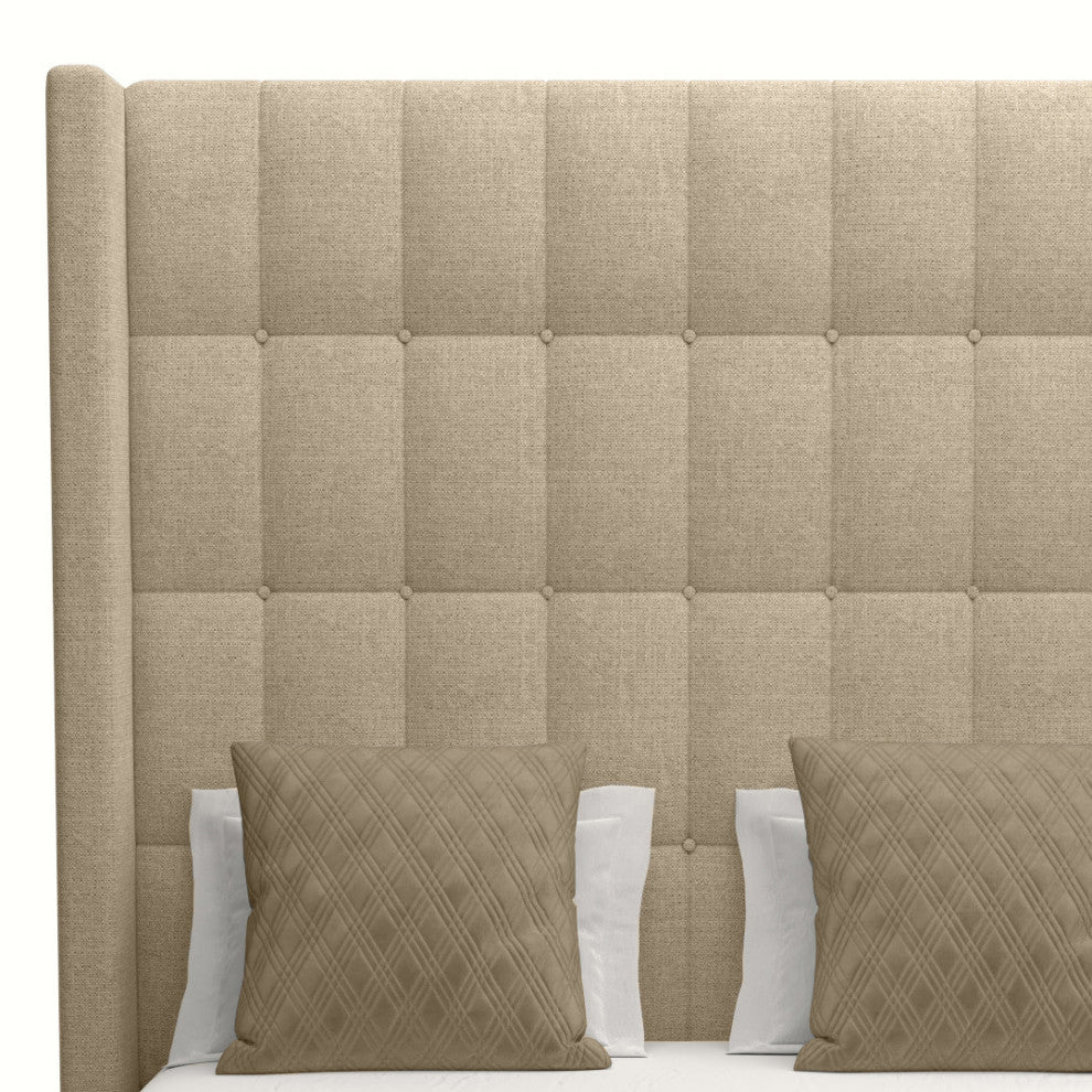 Nativa Interiors Aylet Box Tufted Bed, Flax, Queen, High Headboard