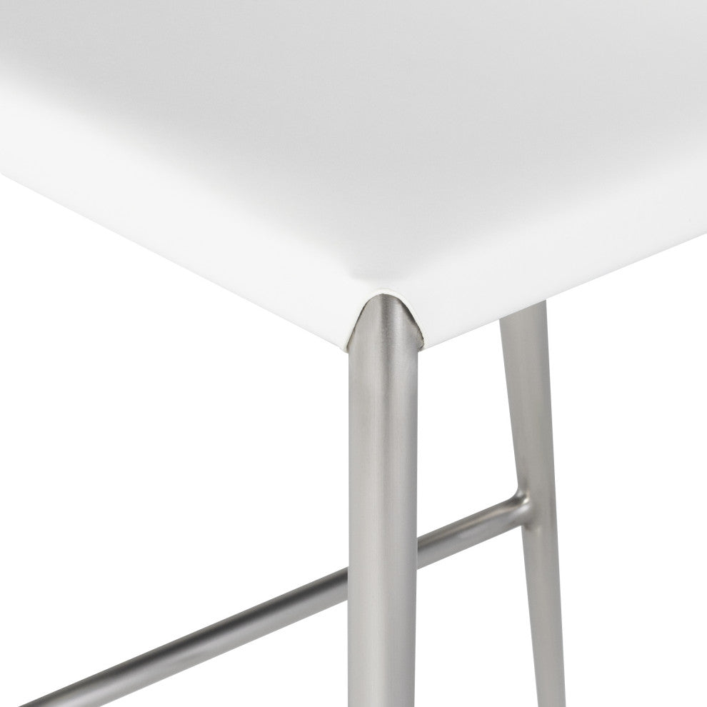 Wayne Counter Stool, White Leather, Brushed Stainless Steel Legs