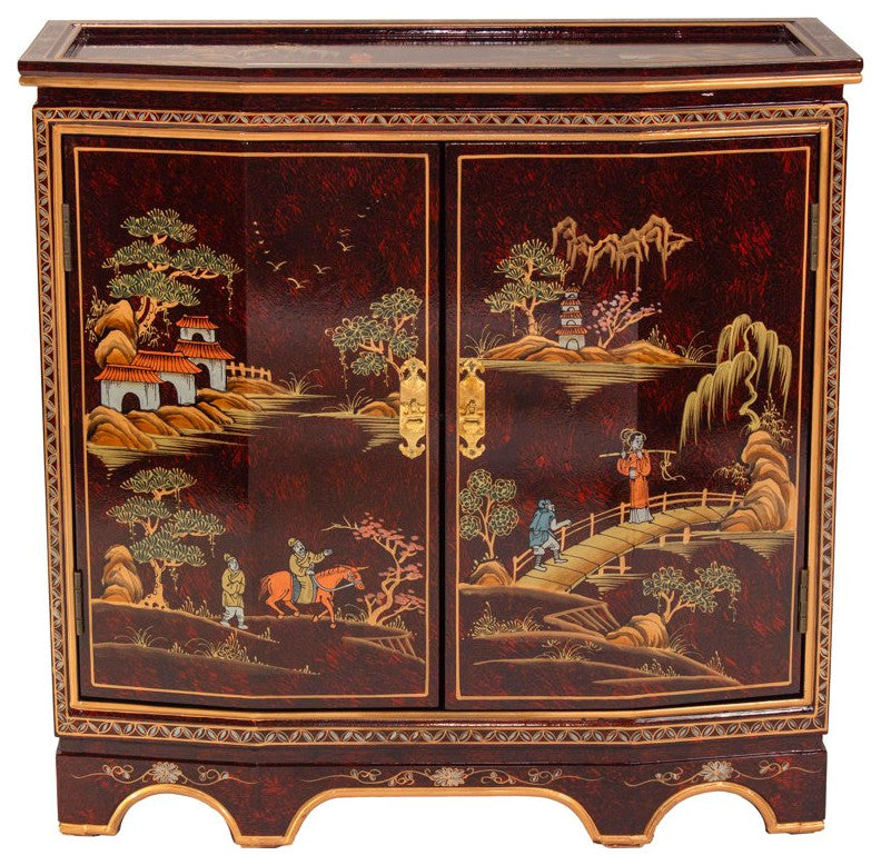 Traditional Oriental Sideboard, 2 Doors Cabinet With Hand Painted Landscape, Red