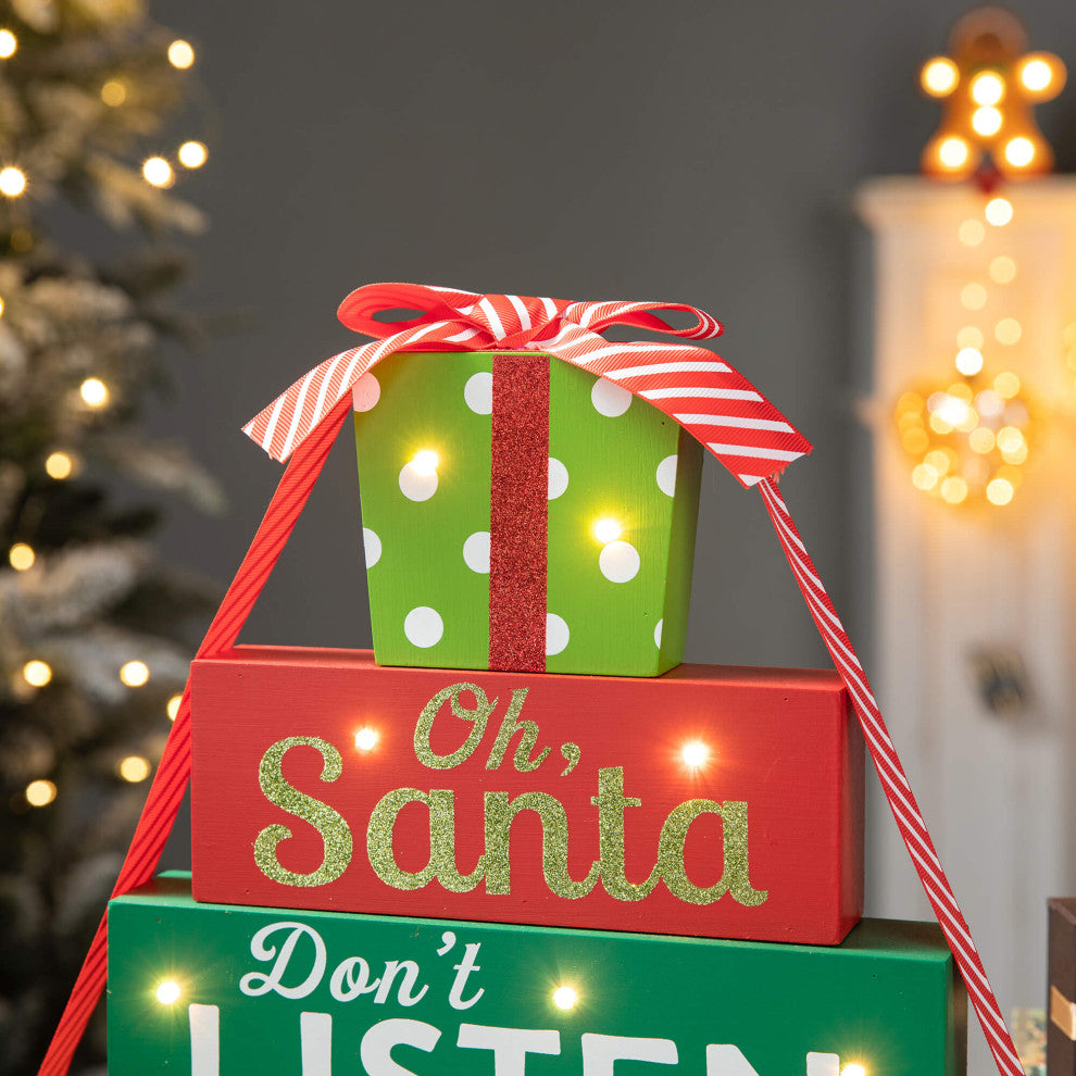 12"H Lighted Wooden Christmas Block Table Decor, Gift Box