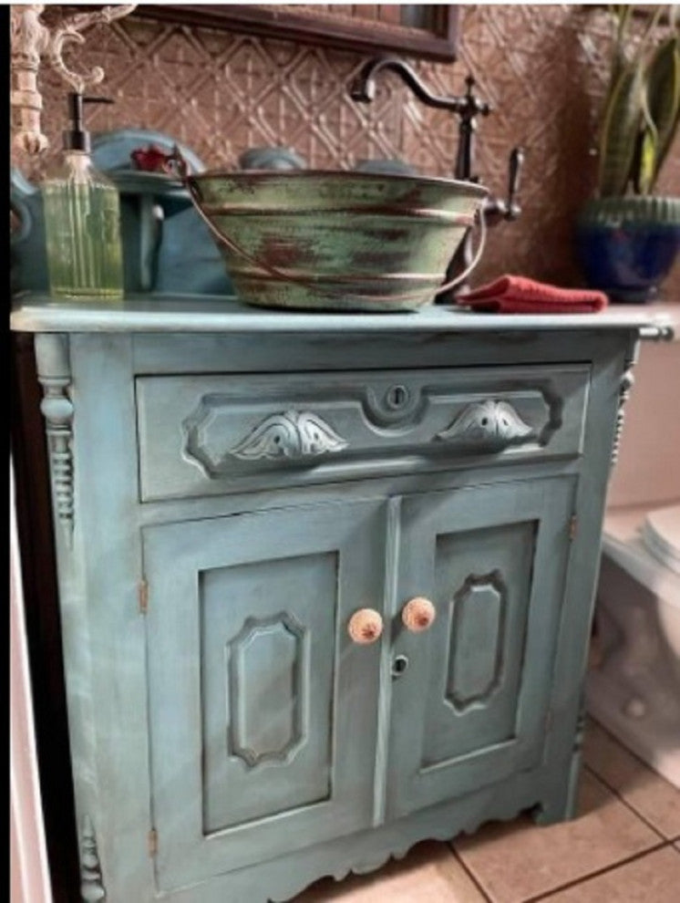15" Round Copper Vessel BUCKET Sink with Green Distressed Exterior