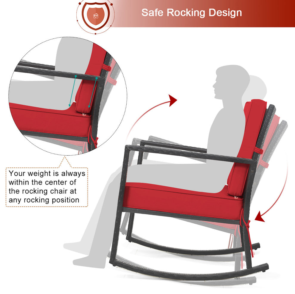 Costway 2PCS Patio Rattan Rocker Chair Outdoor Glider Rocking Chair Cushion Red
