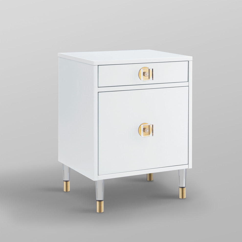 Nicole Miller Anatolio Nightstand High Gloss Acrylic Knob and Legs, White