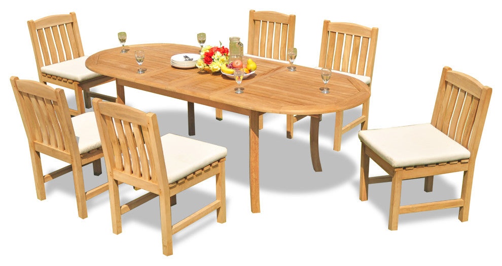 7-Piece Outdoor Teak Dining Set 94" Extension Oval Table, 6 Devon Armless Chairs